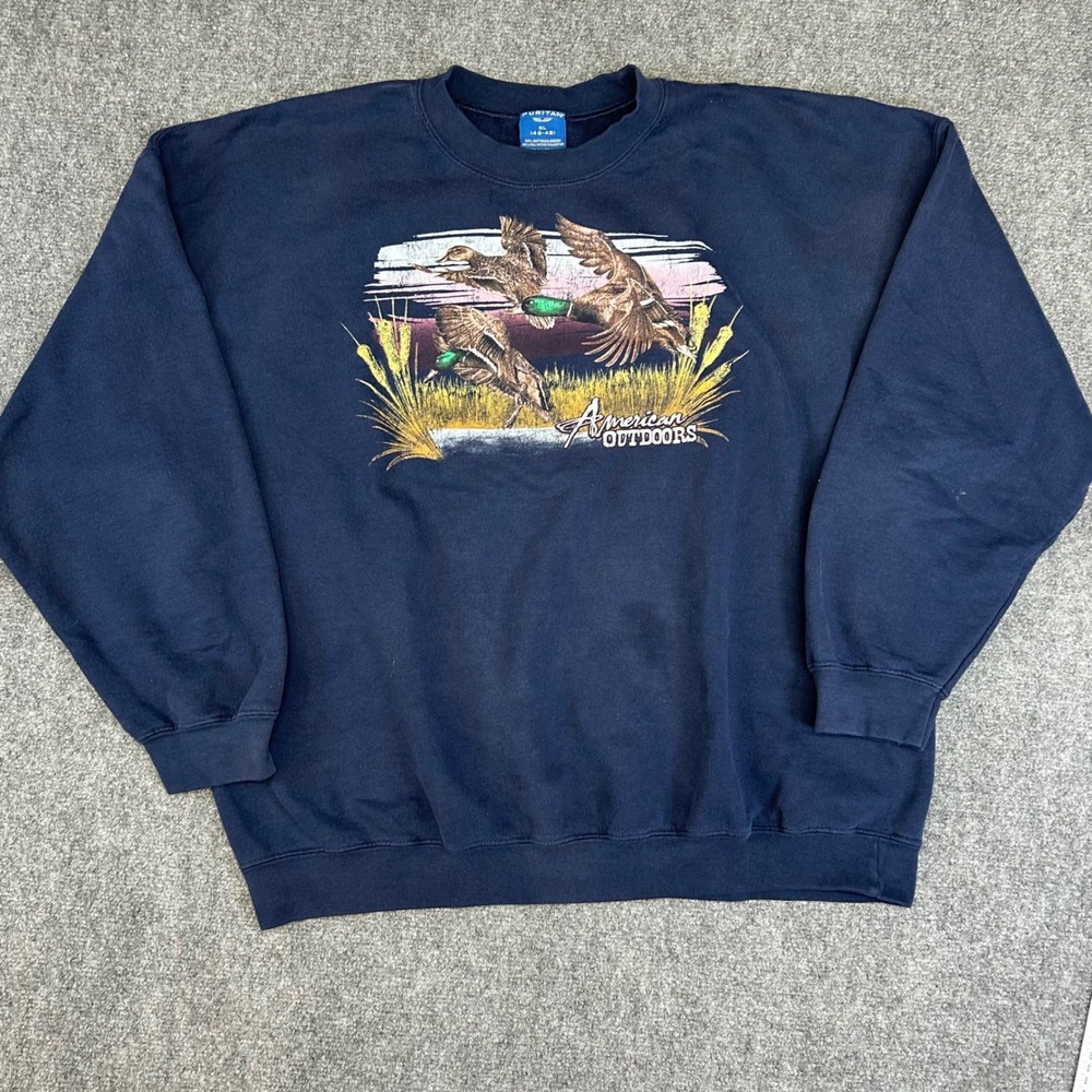 Puritan American Outdoors Navy Blue Duck Graphic Crewneck Sweatshirt‎ Mens XL